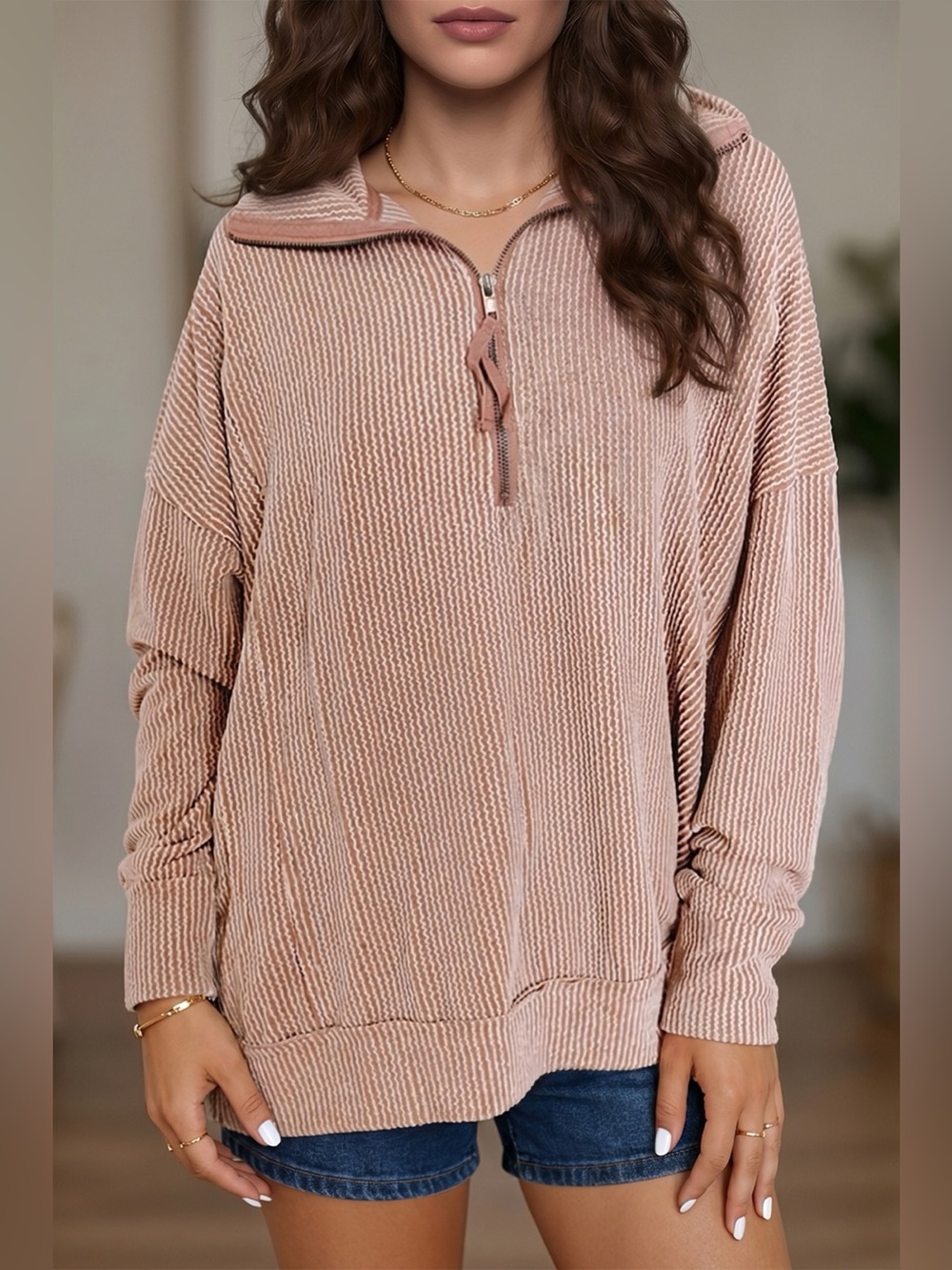 Twist Ribbed Zipper Collar Drop Shoulder Long Sleeve Top